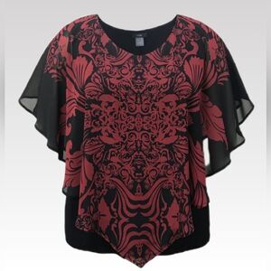 Butterfly Sleeve Top 2X Red & Black Sheer Flutter Fully Lined Scarf Print Blouse